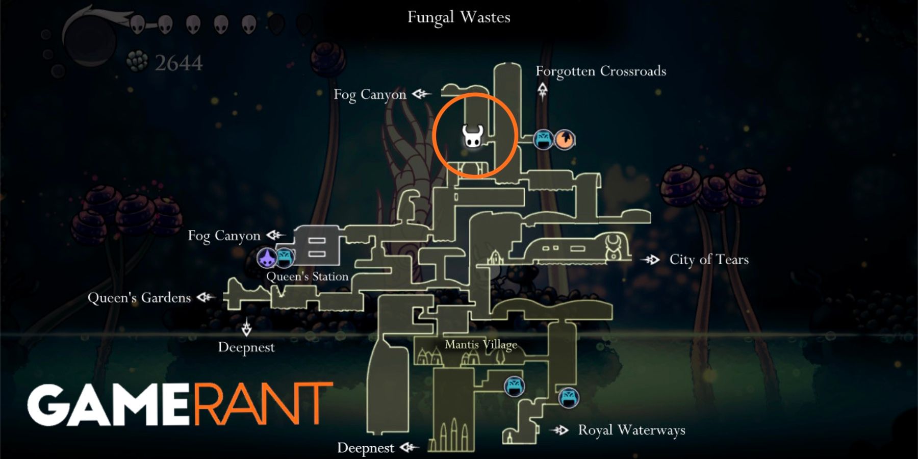 Hollow Knight Fungal Wastes 1 map location Whispering Root
