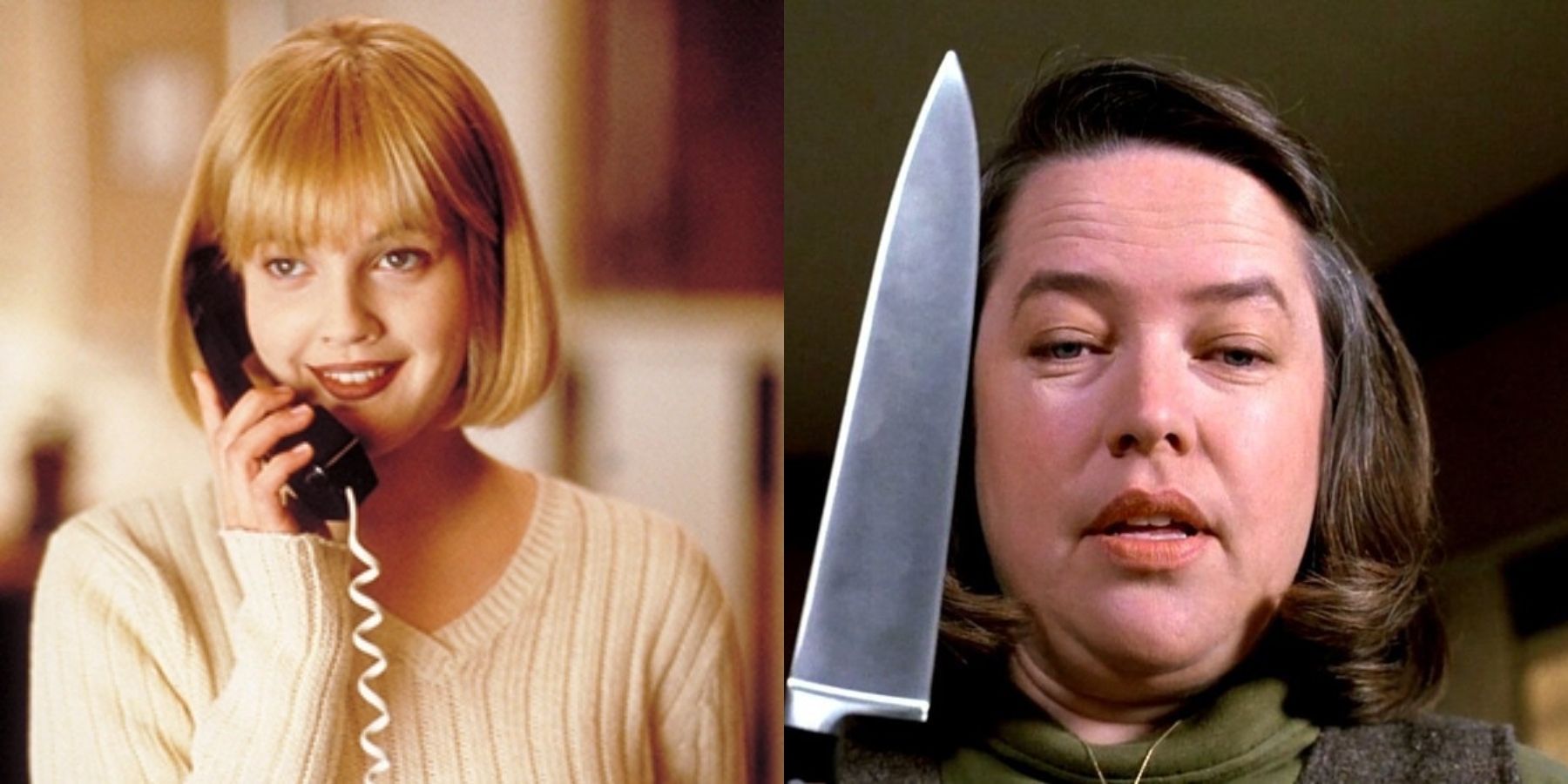 Split image of Casey Becker (Drew Barrymore) in Scream and Annie Wilkes (Kathy Bates) in Misery