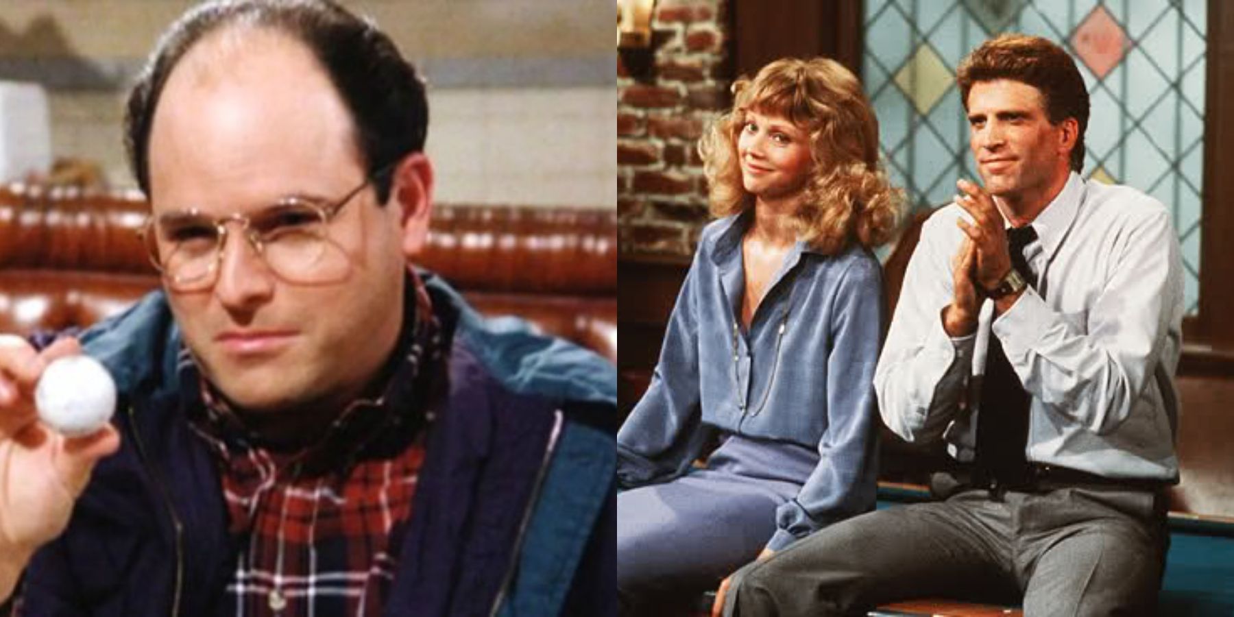 Split image of George (Jason Alexander) on Seinfeld and Diane (Shelley Long) and Sam (Ted Danson) on Cheers