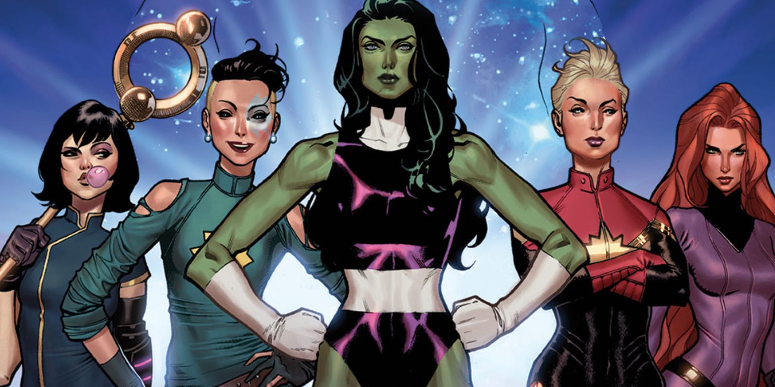 A-Force comic book lineup of Nico, Dazzler, She-Hulk, Captain Marvel, and Medusa