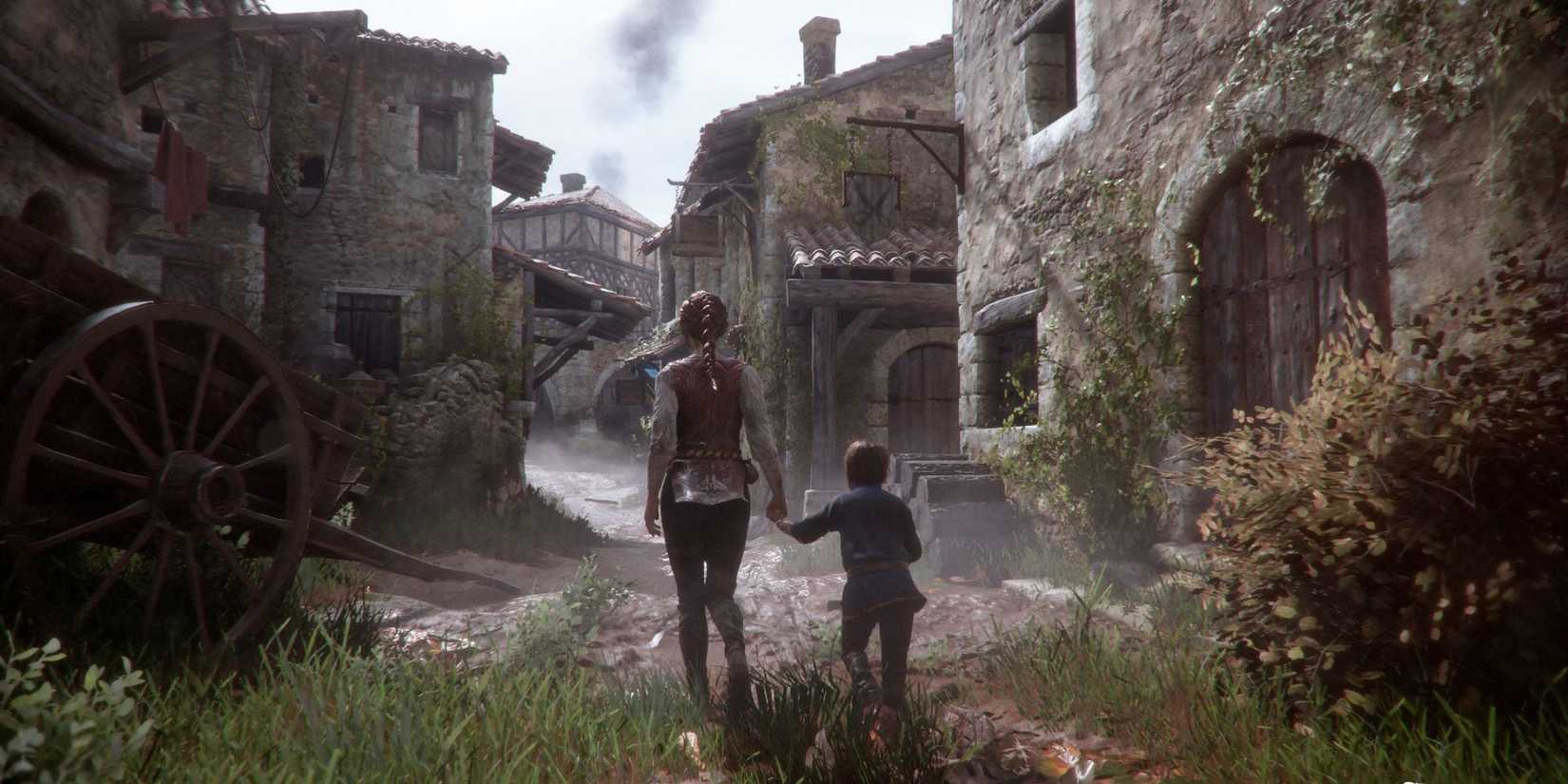Amicia and Hugo from A Plague Tale: Innocence walking through rural France