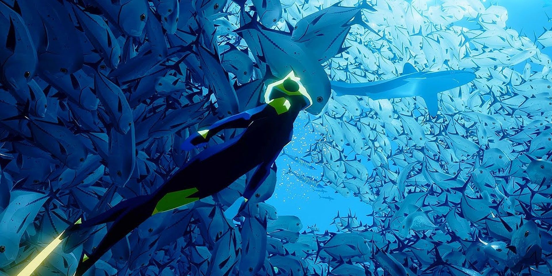 A diver, surround by fish, swimming upwards towards a shark. Image credit: taminggaming.com