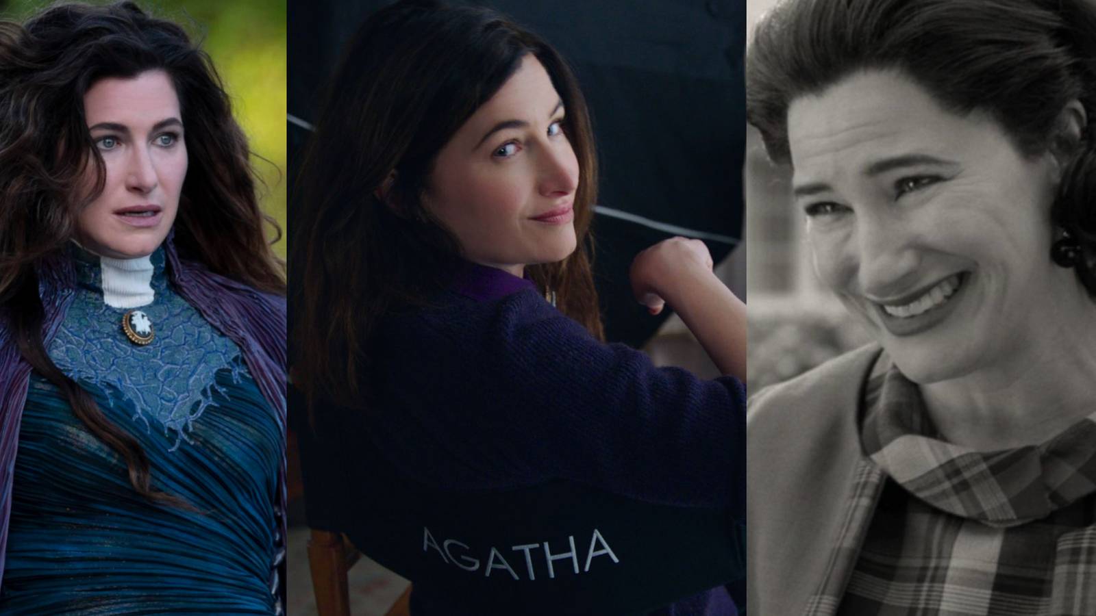 Agatha in her witch robes in WandaVision; Agatha breaking the fourth wall during 