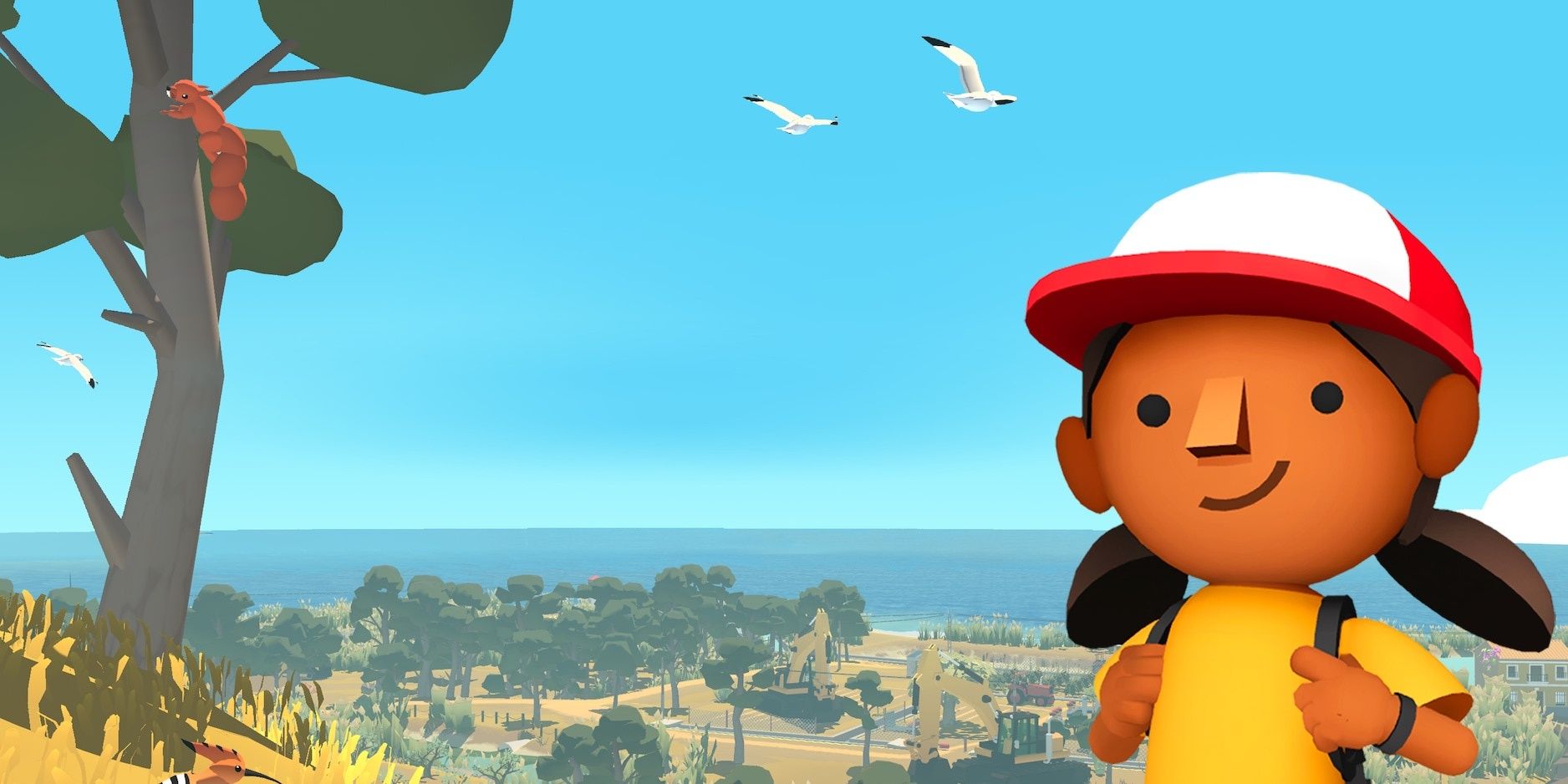 Alba (right), standing on a hill overlooking the island's town (right), A tree with a squirrel (left) is on the hill and sea gulls are flying in a clear blue sky. Photo Credit: gamesradar.com