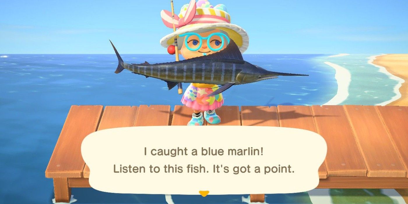 Animal Crossing New Horizons Blue Marlin caught on dock