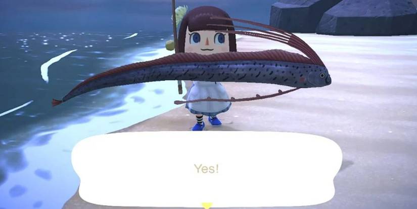 Animal Crossing New Horizons Oarfish caught on beach at night