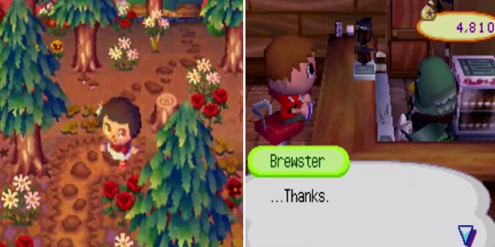 Left: A girl walking along a path in the woods. Right: a boy sitting across from a pigeon bartender at the booth. Brewster says, "Thanks." 