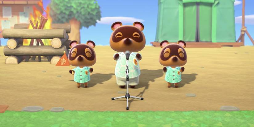 Tom Nook celebrating with Timmy and Tommy at the town plaza of a new island in New Horizons
