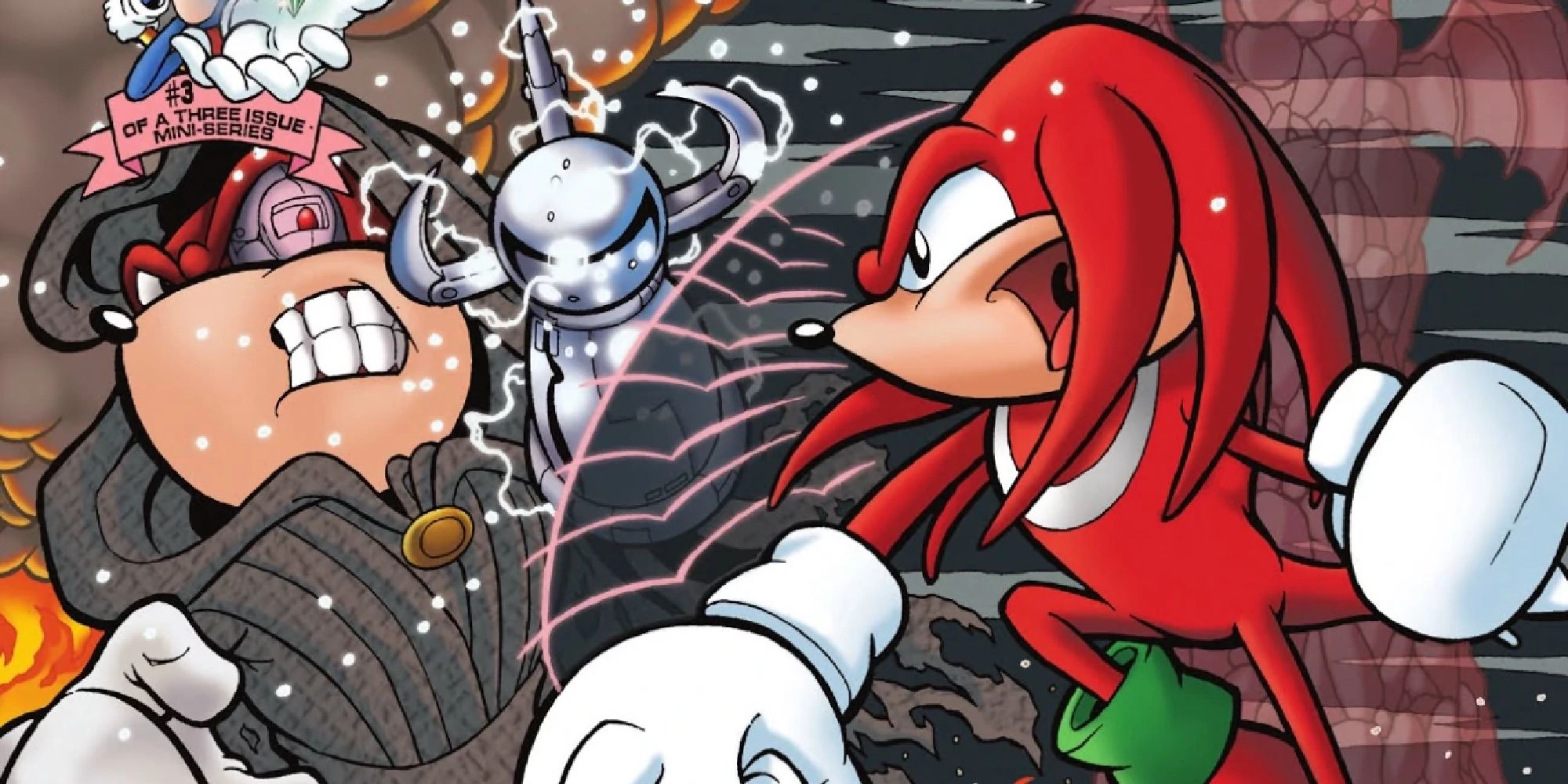 Knuckles punching a cybernetic echidna in an Archie Comics cover