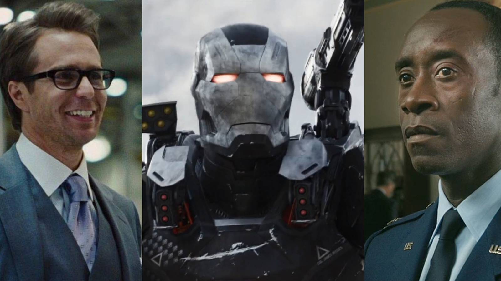 Sam Rockwell as Justin Hammer in Iron Man 2; War Machine in a battle from Civil War; Don Cheadle as James Rhodes in military attire in Iron Man 2