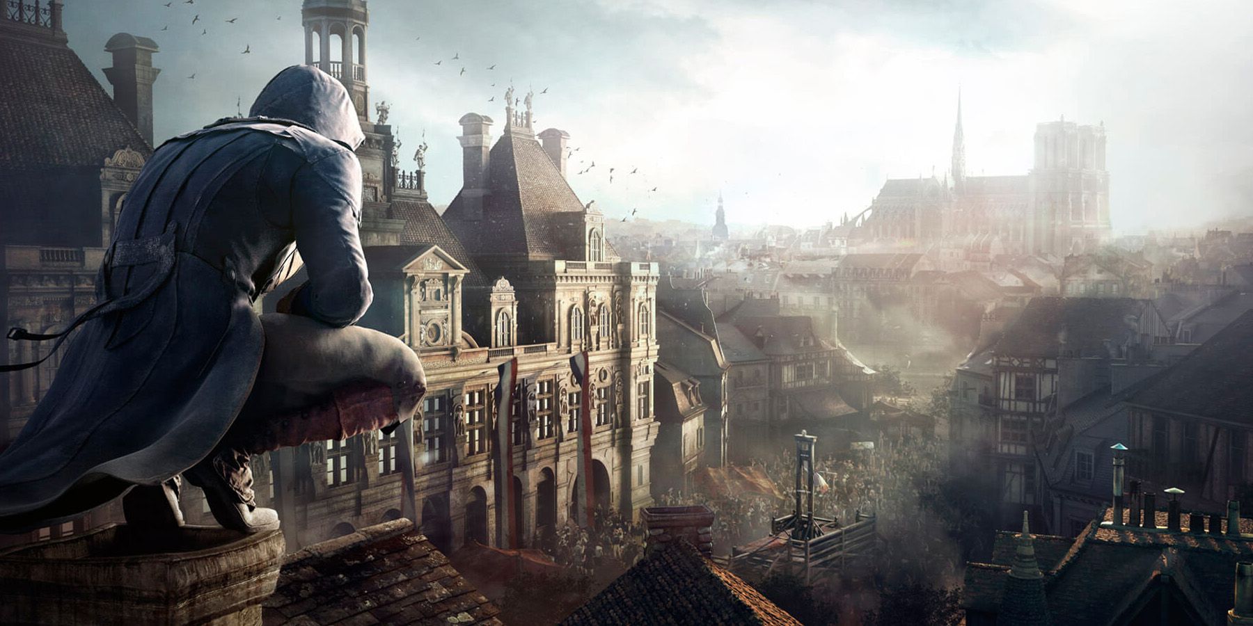 Arno crouching on a roof looking over Paris in Assassin's Creed Unity