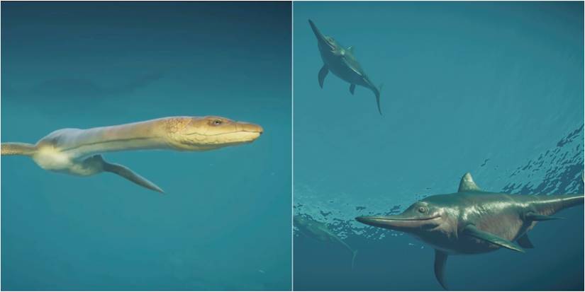 Attenborosaurus and Ichthyosaurus in Jurassic World Evolution 2.