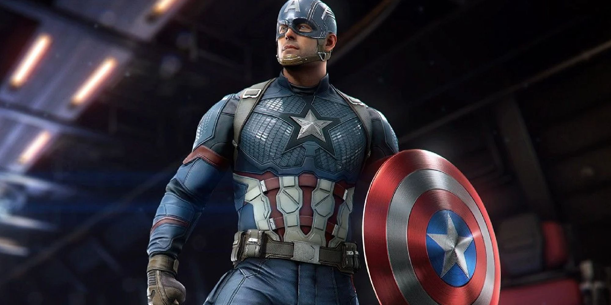 Captain America wielding his vibranium shield in The Avengers for PS4