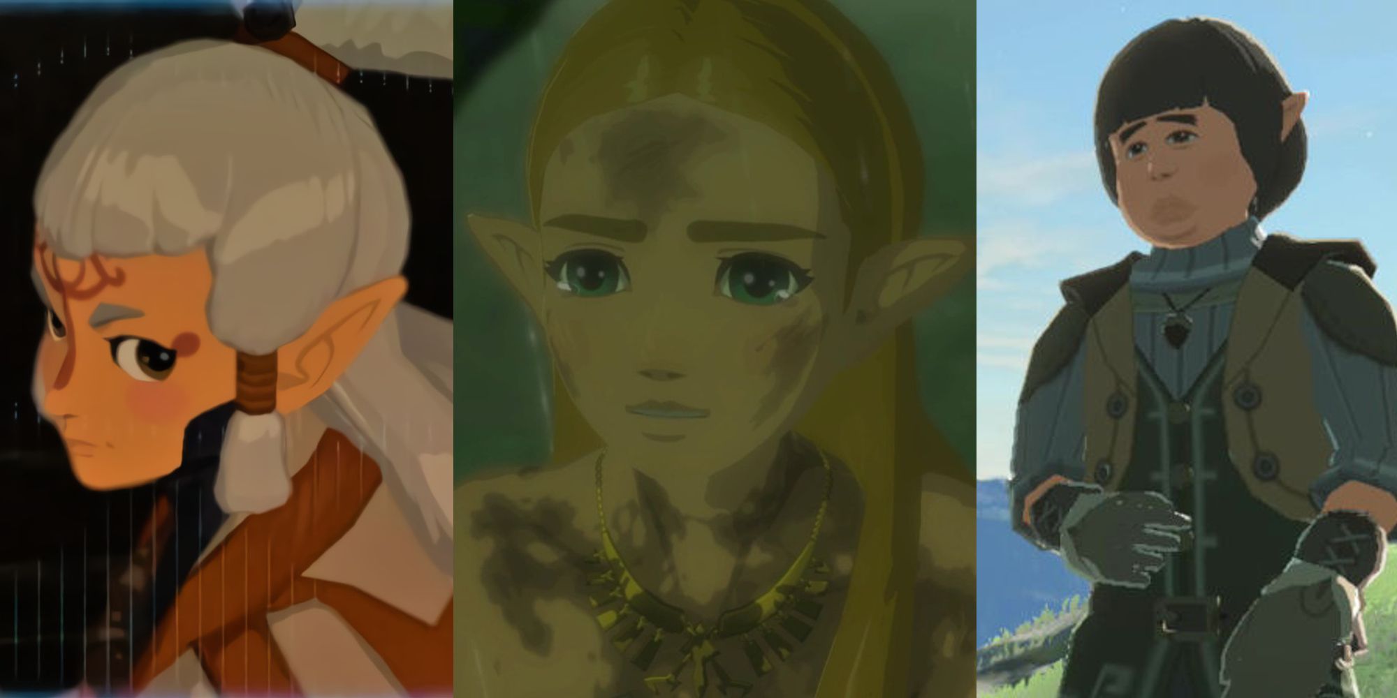 Paya looking at Link through the Sheikah Slate camera; Zelda crying in the rain in a Captured Memory; Mimos standing on the peak of Ebon Mountain