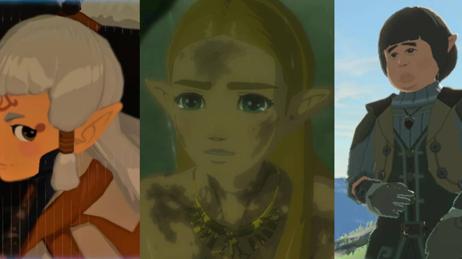 Paya looking at Link through the Sheikah Slate camera; Zelda crying in the rain in a Captured Memory; Mimos standing on the peak of Ebon Mountain
