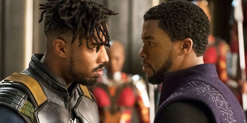 T'Challa confronting Erik Killmonger in the Wakandan throne room