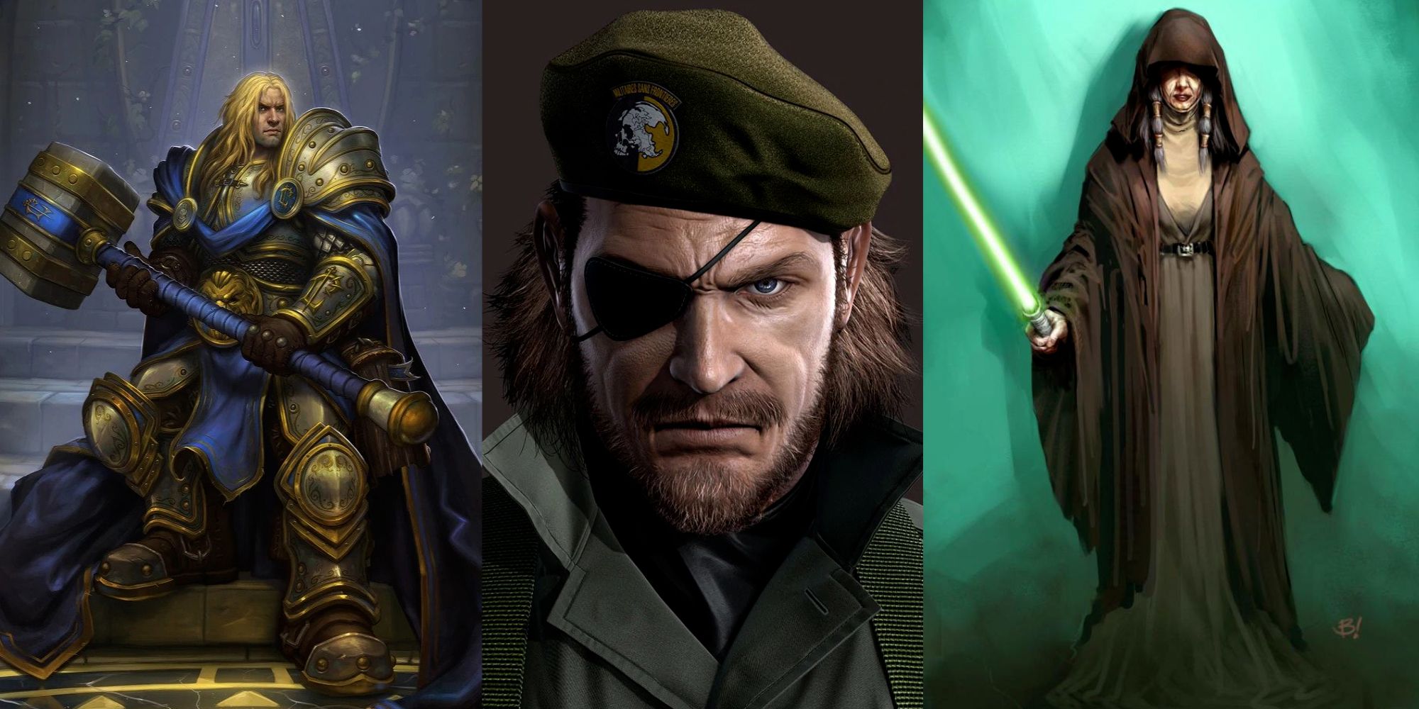 Banner Image Depicting Prince Arthas from Warcraft on the Left, Big Boss From Metal Gear Centre and Kreia from KOTOR 2 on The Right