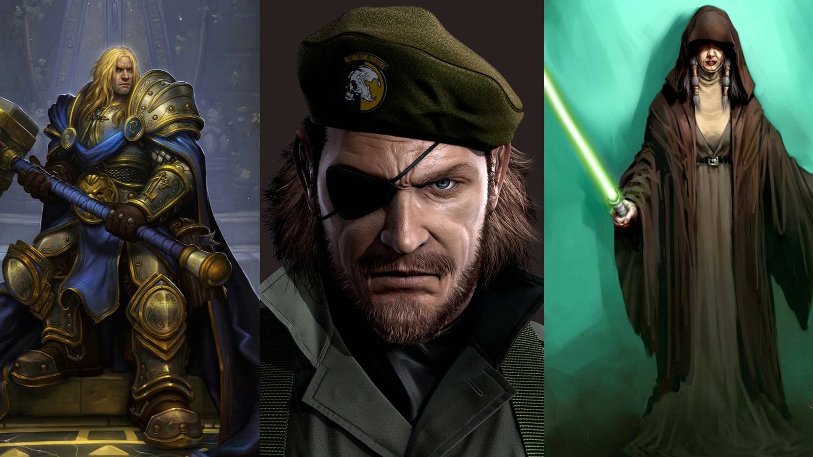 Banner Image Depicting Prince Arthas from Warcraft on the Left, Big Boss From Metal Gear Centre and Kreia from KOTOR 2 on The Right