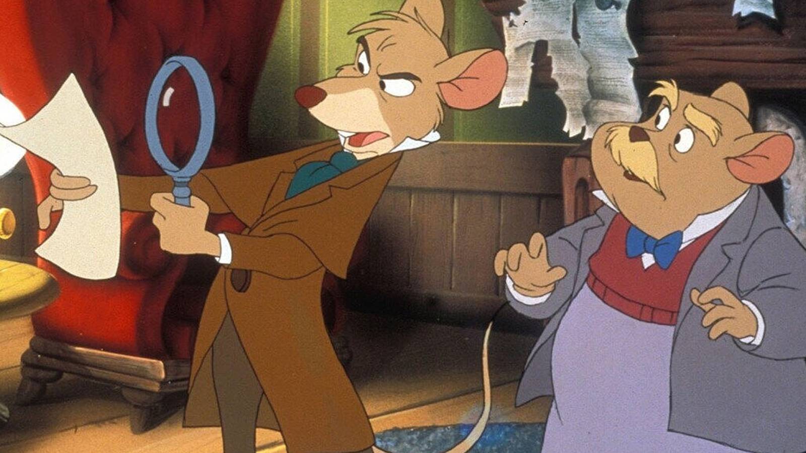 Basil and Dawson inspect a clue in The Great Mouse Detective