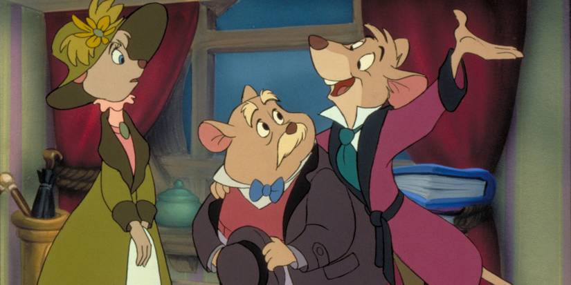 Basil and Dawson talk to a lead in The Great Mouse Detective