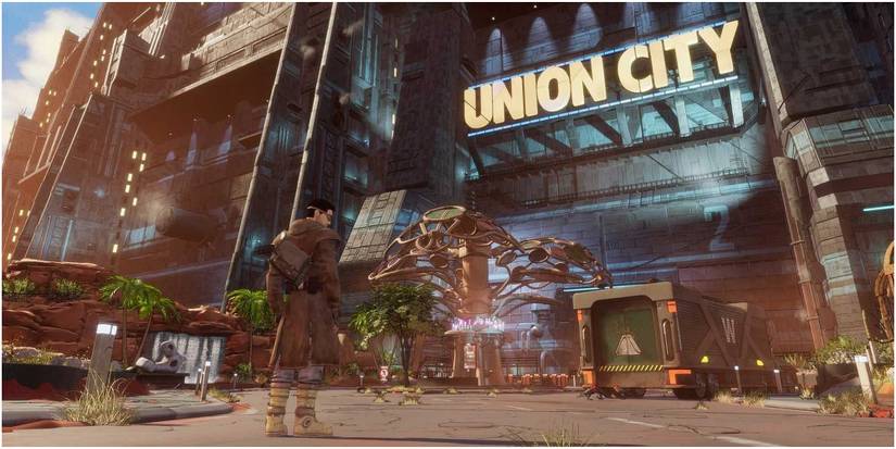 Beyond a Steel Sky outside the entrance to Union City