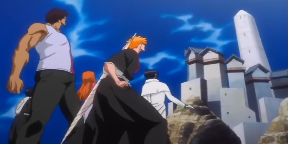 Ichigo Uryu Sado and Orihime in front of the Seireitei in Bleach's second opening