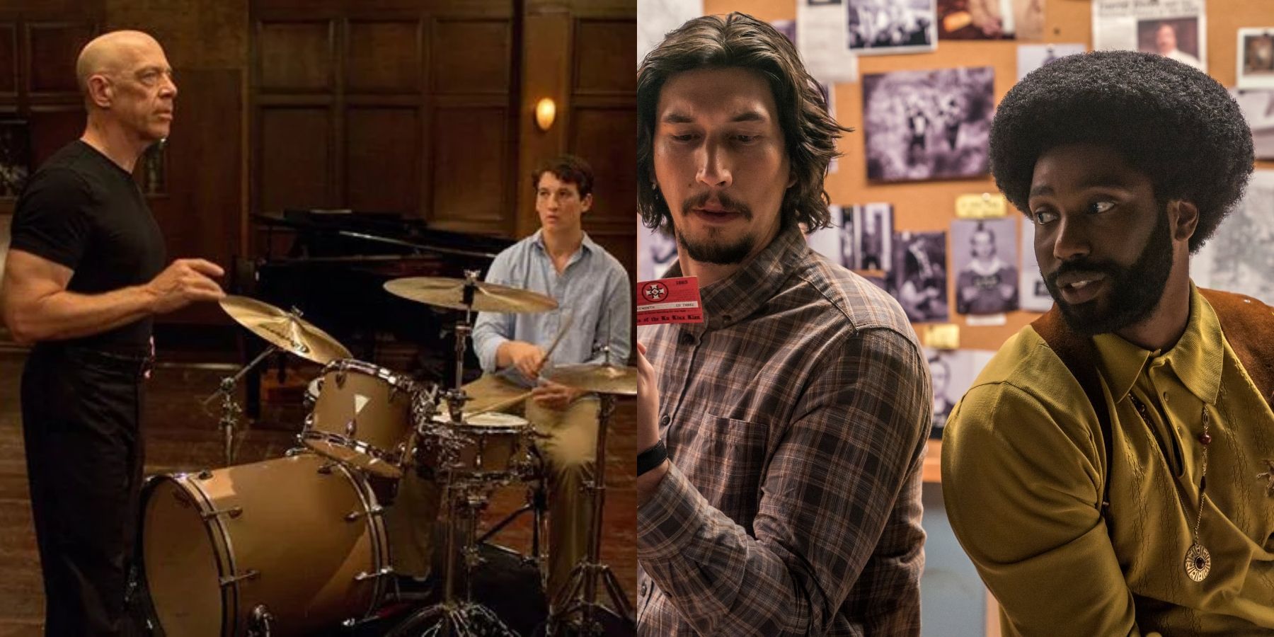 Split image of JK Simmons and Miles Teller in Whiplash and John David Washington and Adam Driver in BlackkKlansman