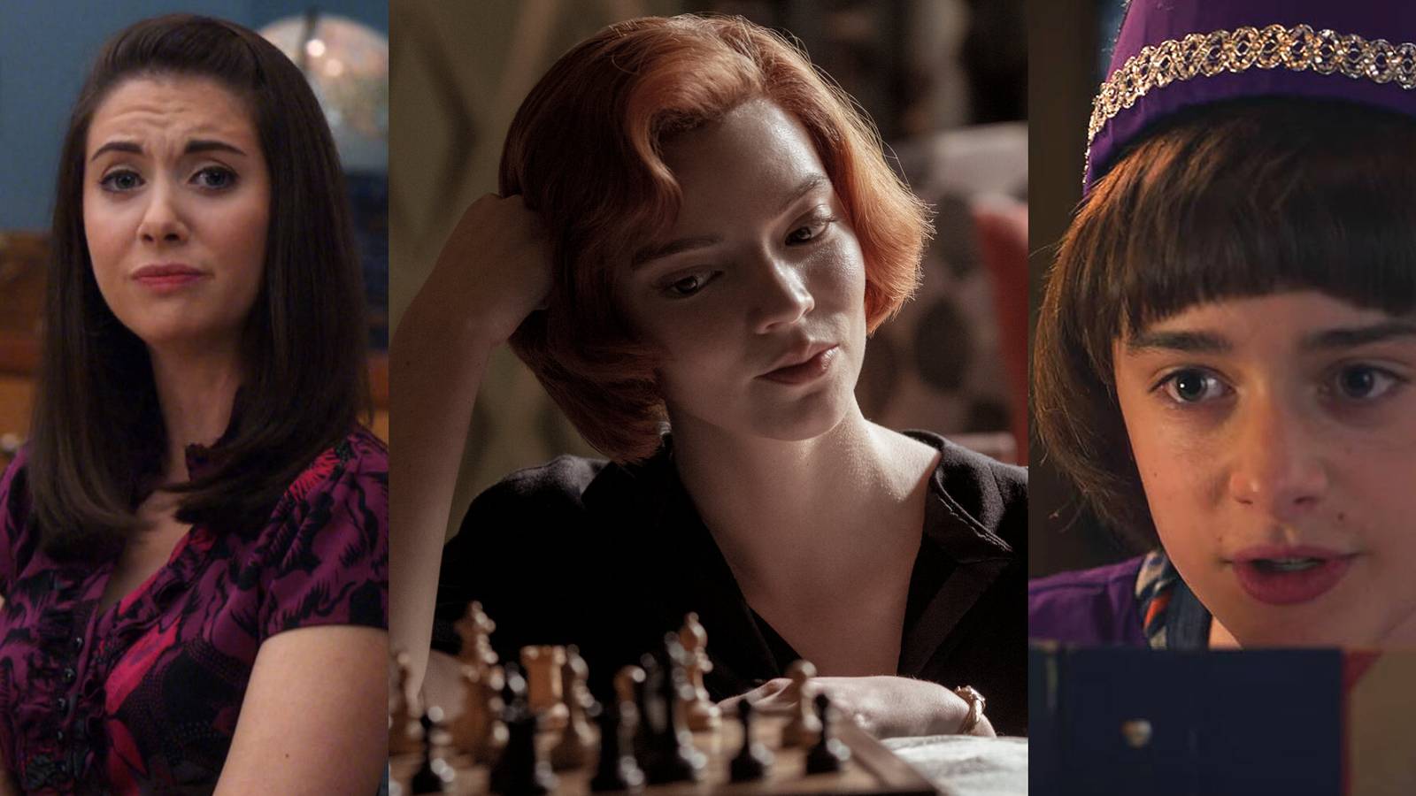 Alison Brie as Annie Edison playing D&D in Community; Anya Taylor-Joy as Beth Harmon playing chess on a bed; Noah Schnapp in a wizard costume playing D&D