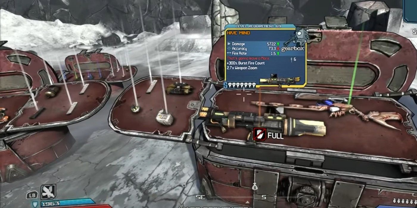 Borderlands 1 looking at Hive Mind and other weapons in loot chests