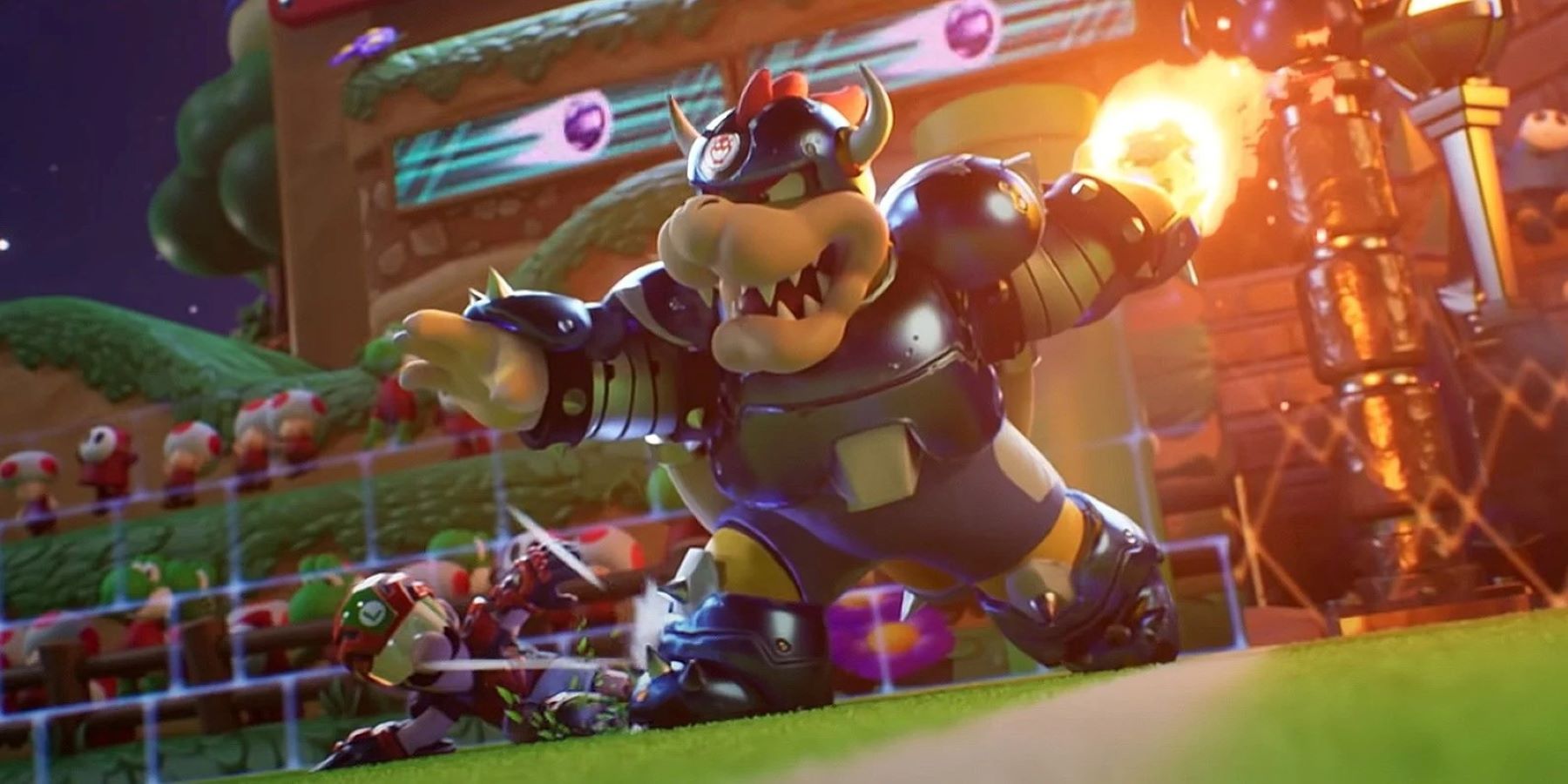 Bowser preparing a Hyper Strike in Mario Strikers: Battle League with Luigi performing a slide tackle