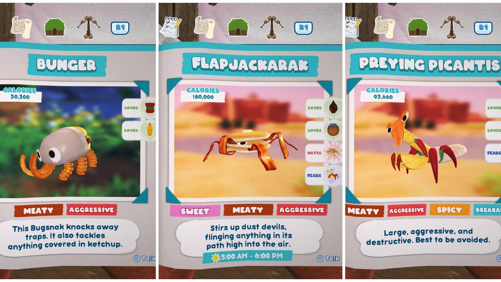 notebook pages featuring a hamburger bugsnax named bunger, a stack of pancakes in the shape of a spider named flapjackarak, and a preying mantis named Preying Picantis that's made up of tacos, a burrito, peppers, and a dorito