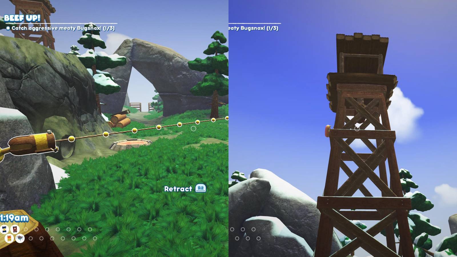 a wooden device attached to a rock and shooting a trip wire across a grassy path; a tall, wooden watchtower backed by blue sky