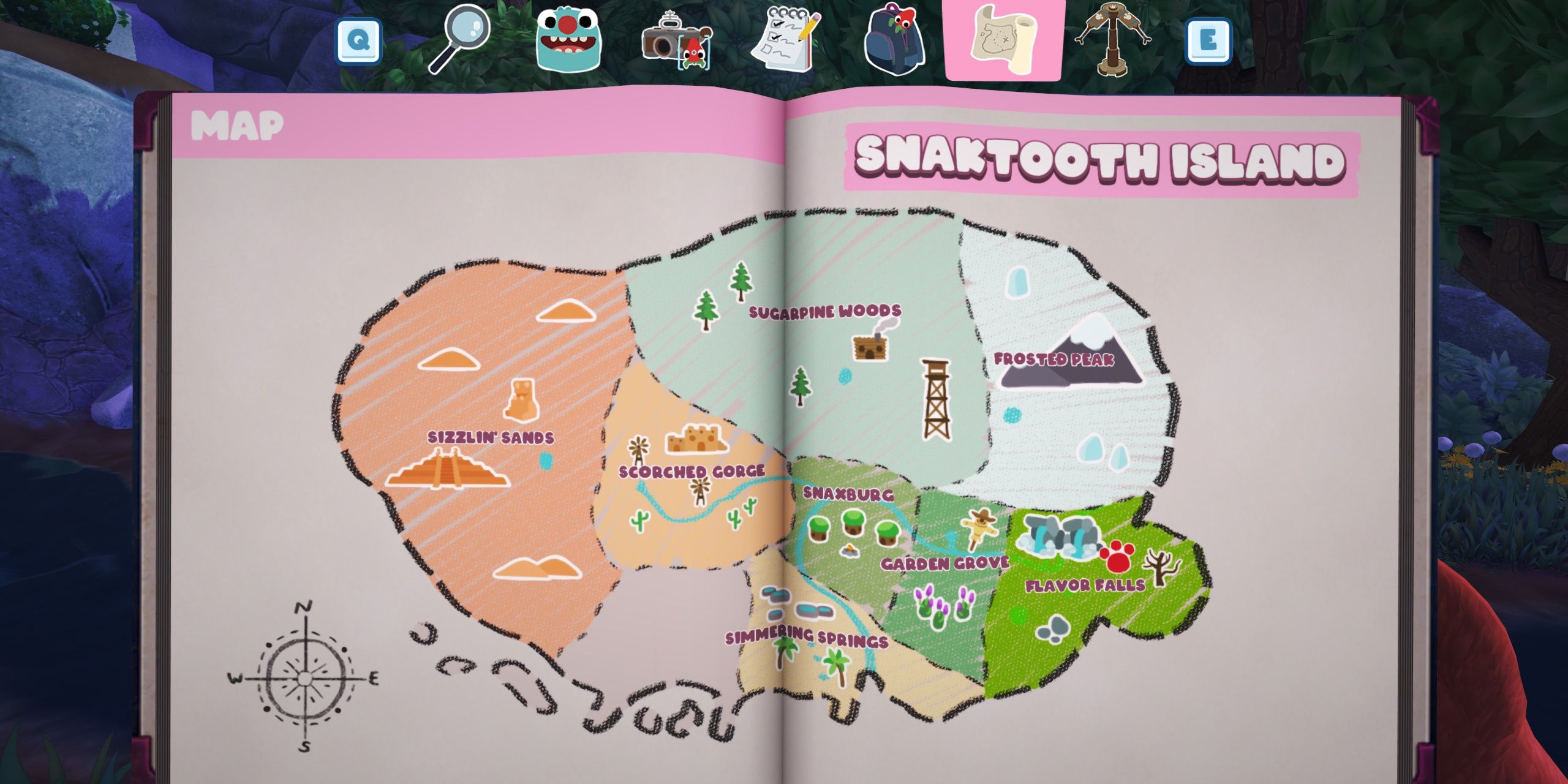 A map of Snaktooth Island in the player's journal of Bugsnax