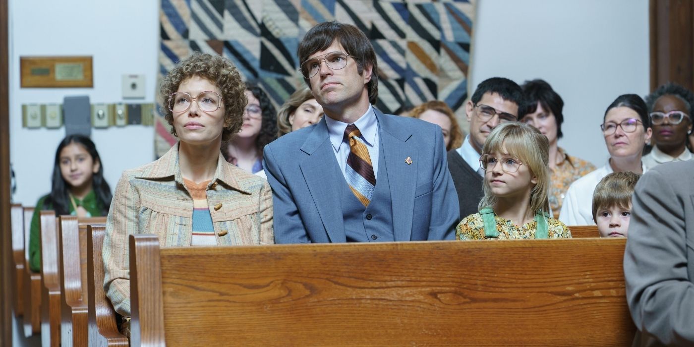 Production still of Candy Montgomery and family at church