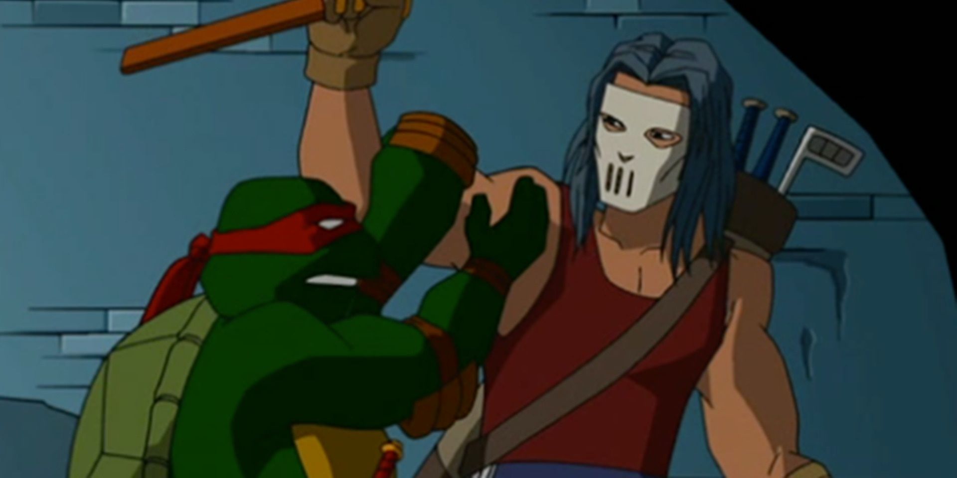 Teenage Mutant Ninja Turtle Raphael (left) fighting Casey Jones in a red top and a hockey mask (right). Image credit: paramountplus.com