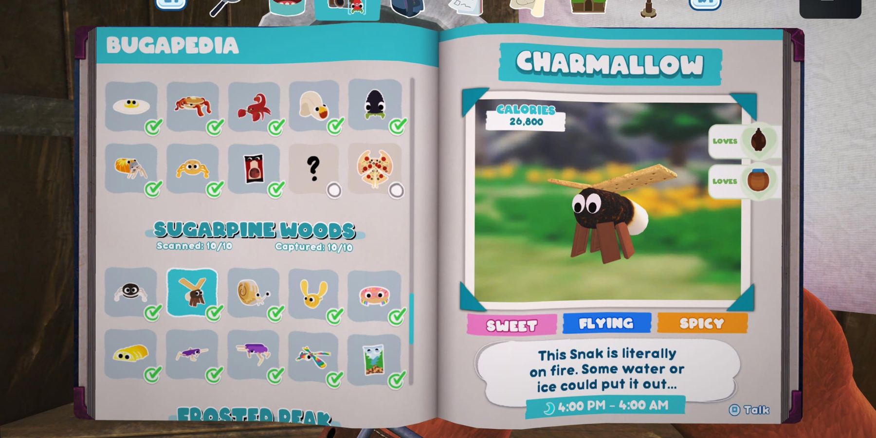 an open notebook with a list of bugsnax on the left page and a flying smore on the right that has a toasted marshmallow body, chocolate piece legs, and graham cracker wings