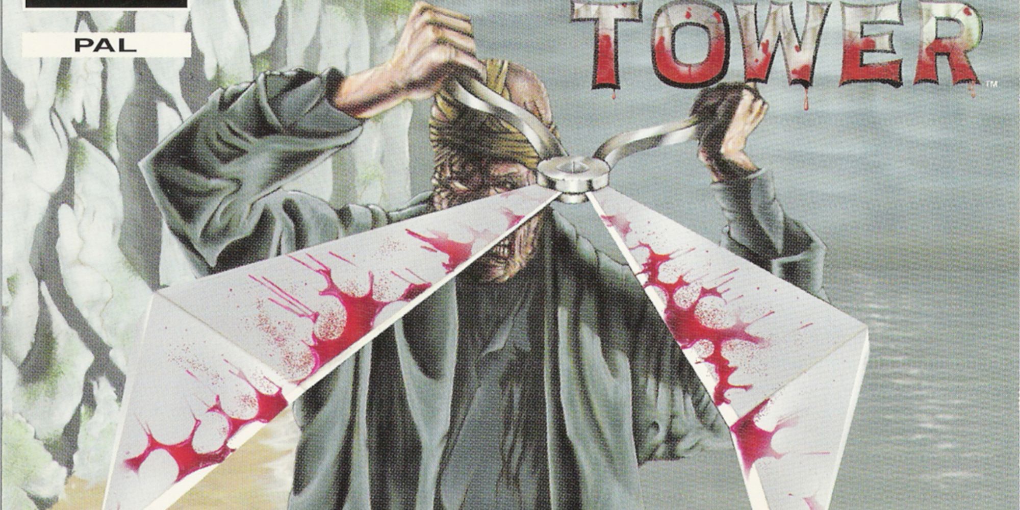 The cover of Clock Tower featuring a man with bloody shears