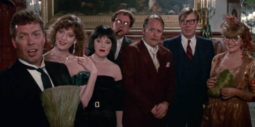 The cast of Clue including Tim Curry, Lesley Ann Warren, Madeline Kahn, Christopher Lloyd, Martin Mull, Michael McKean, and Eileen Brennan