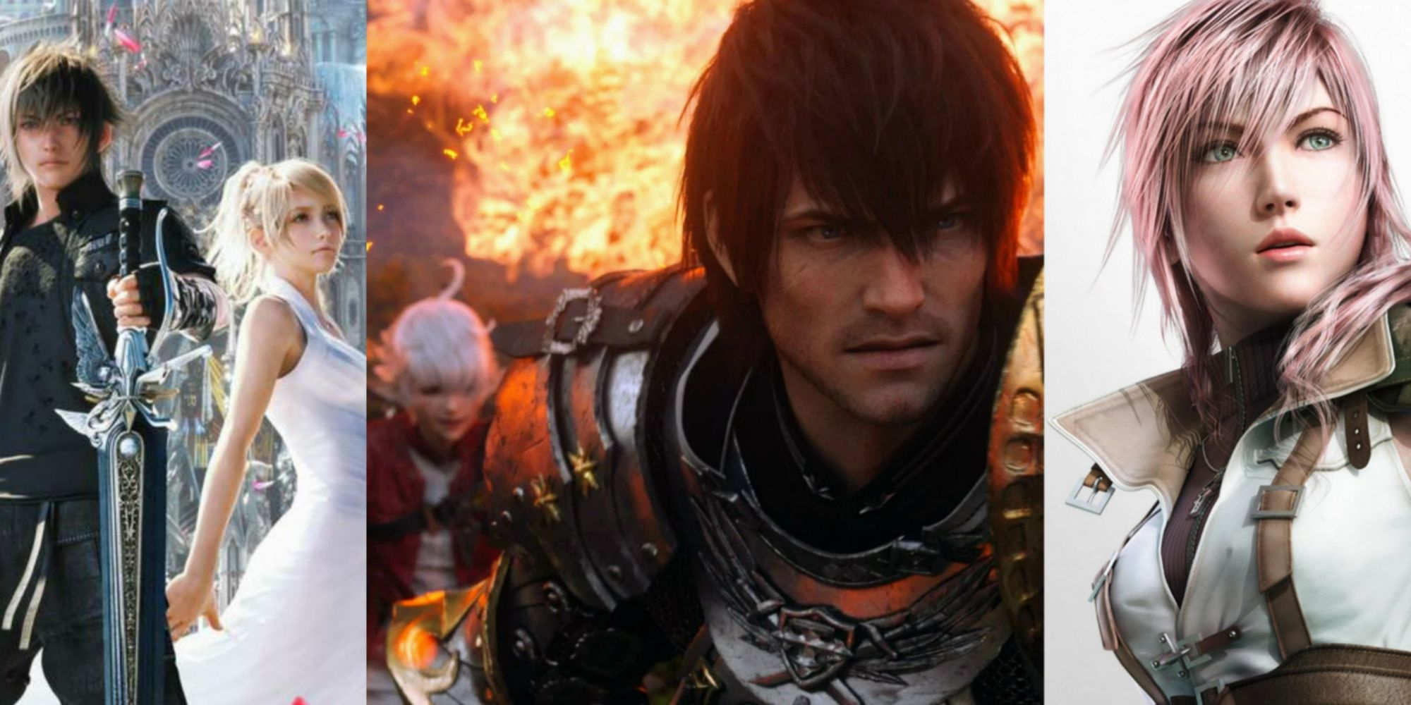 Final Fantasy 14, 15, & 16 split image featuring Noctis, Luna, Clive, & Lightning