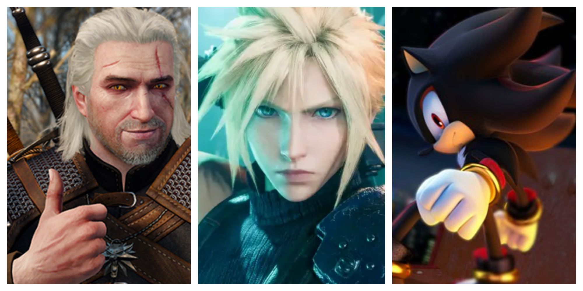 geralt from the witcher 3, cloud from final fantasy 7 and shadow from sonic the hedgehog