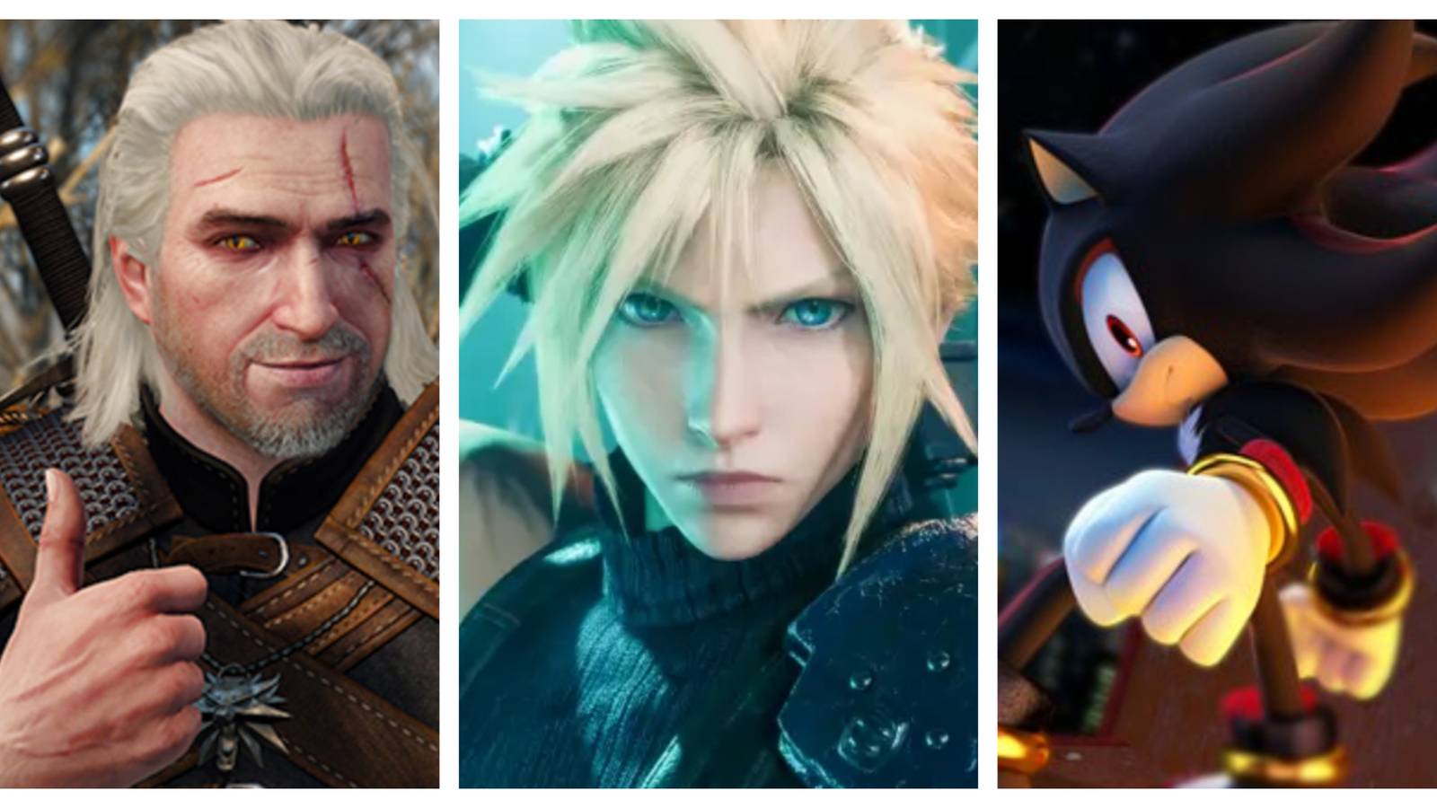 geralt from the witcher 3, cloud from final fantasy 7 and shadow from sonic the hedgehog