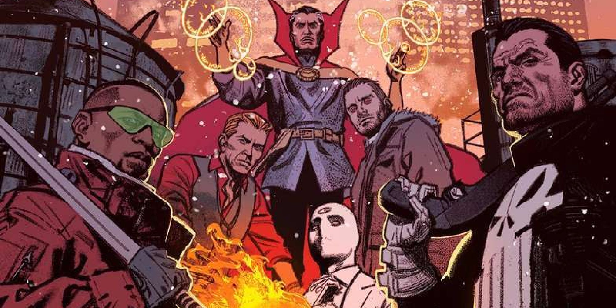 Обложка комикса Midnight Sons с участием Блэйда, Карателя, Призрачного гонщика, мистера Рыцаря и Доктора Стрэнджа, среди прочих.