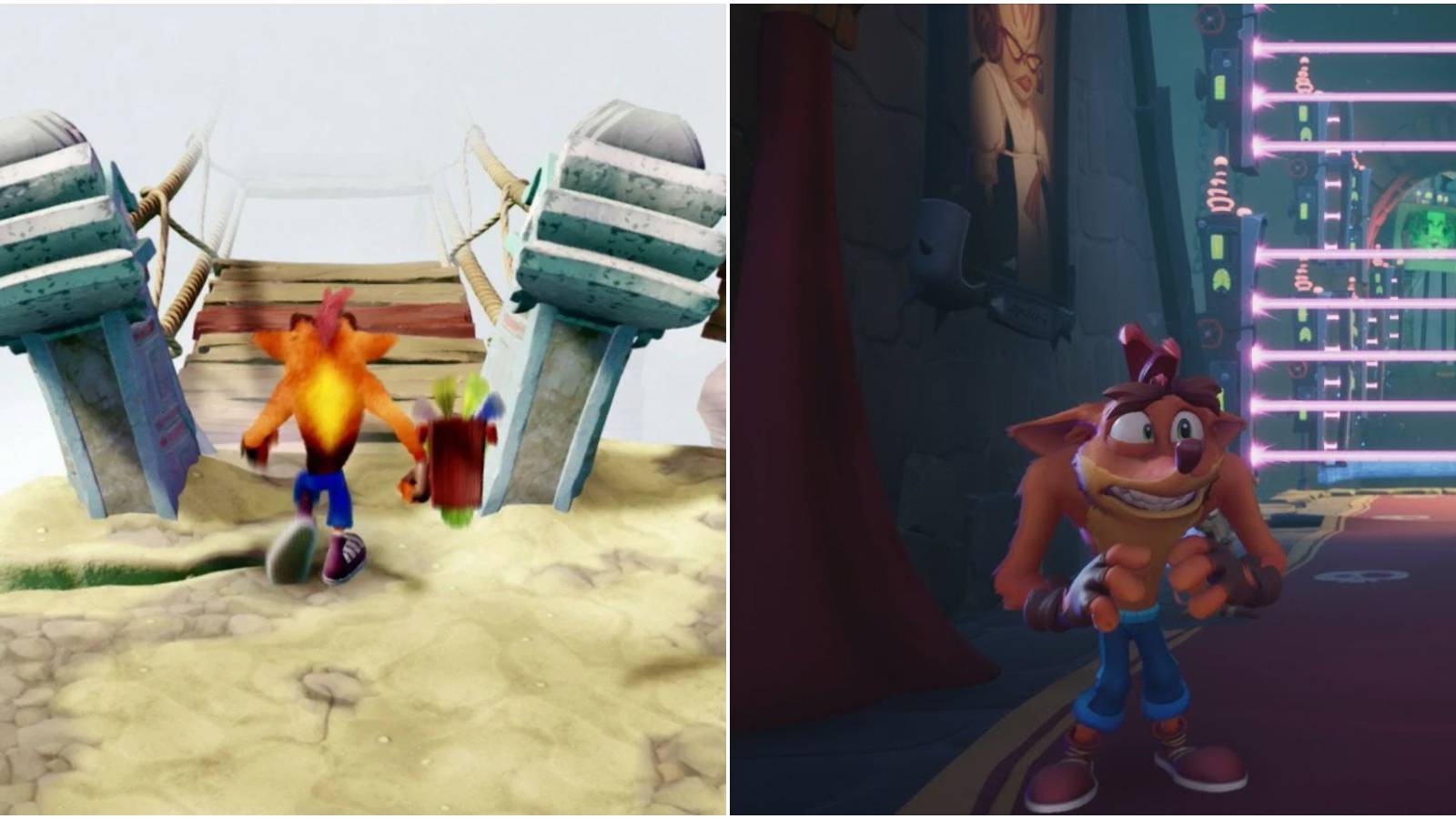 Crash Bandicoot (Left) Crash running at a bridge (Right) Crash shaking in fear