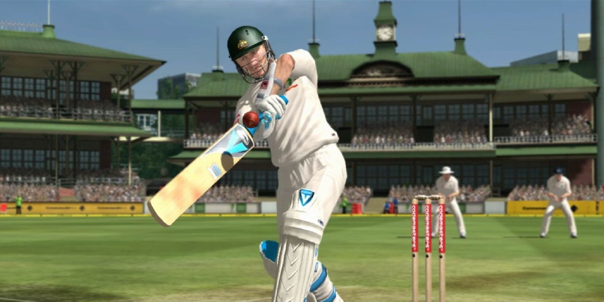 A cricket player hits a ball in Ashes Cricket 2009