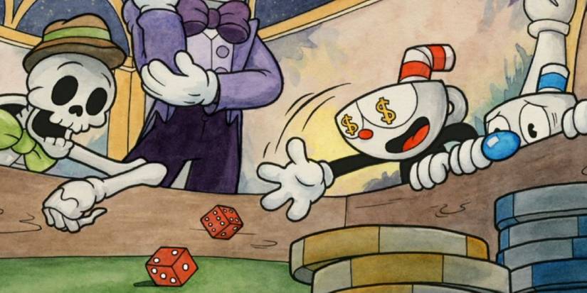 Cuphead rolling dice at a casino as a skeleton watches and Mugman cowers under the table