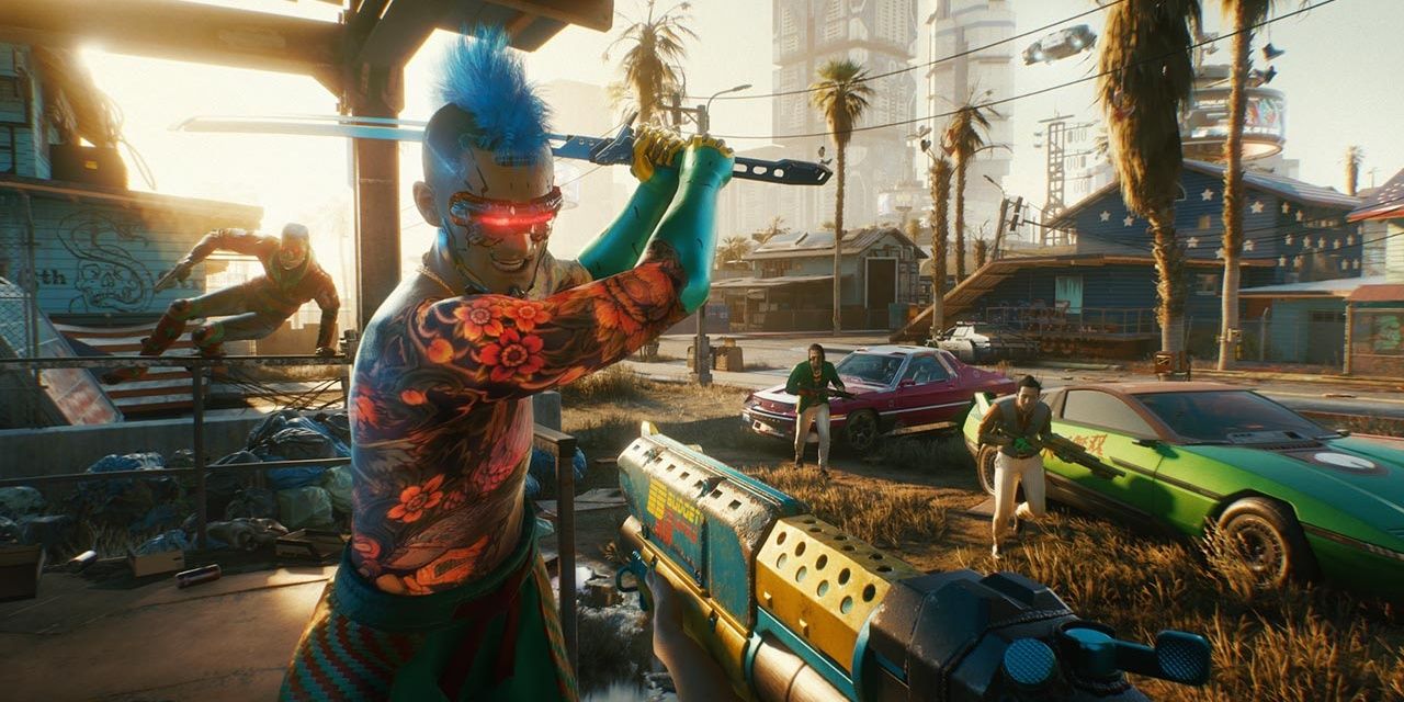 An individual with a mohawk swinging a katana during combat in Cyberpunk 2077