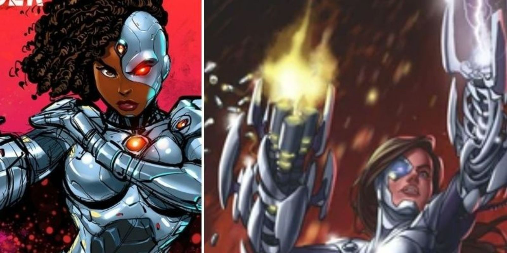 Cyborgirl split image showing villain posing and in battle