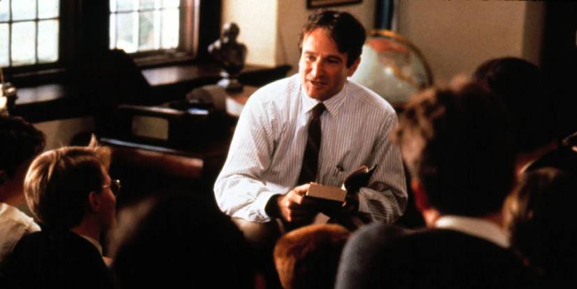 Robin Williams facing a class in Dead Poets Society