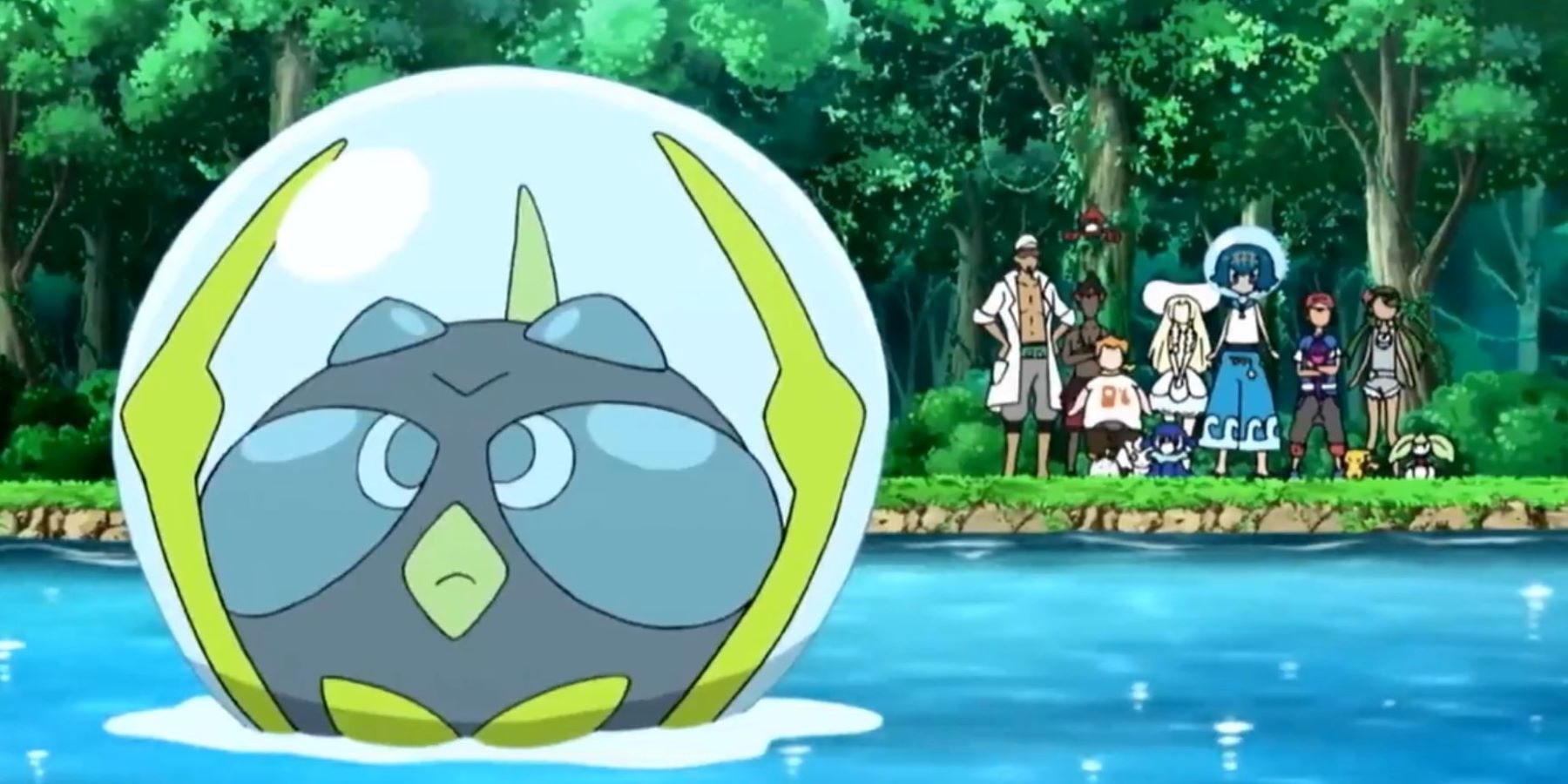 Dewpider выходит из реки в аниме Pokemon Sun and Moon, за которым наблюдают несколько персонажей.