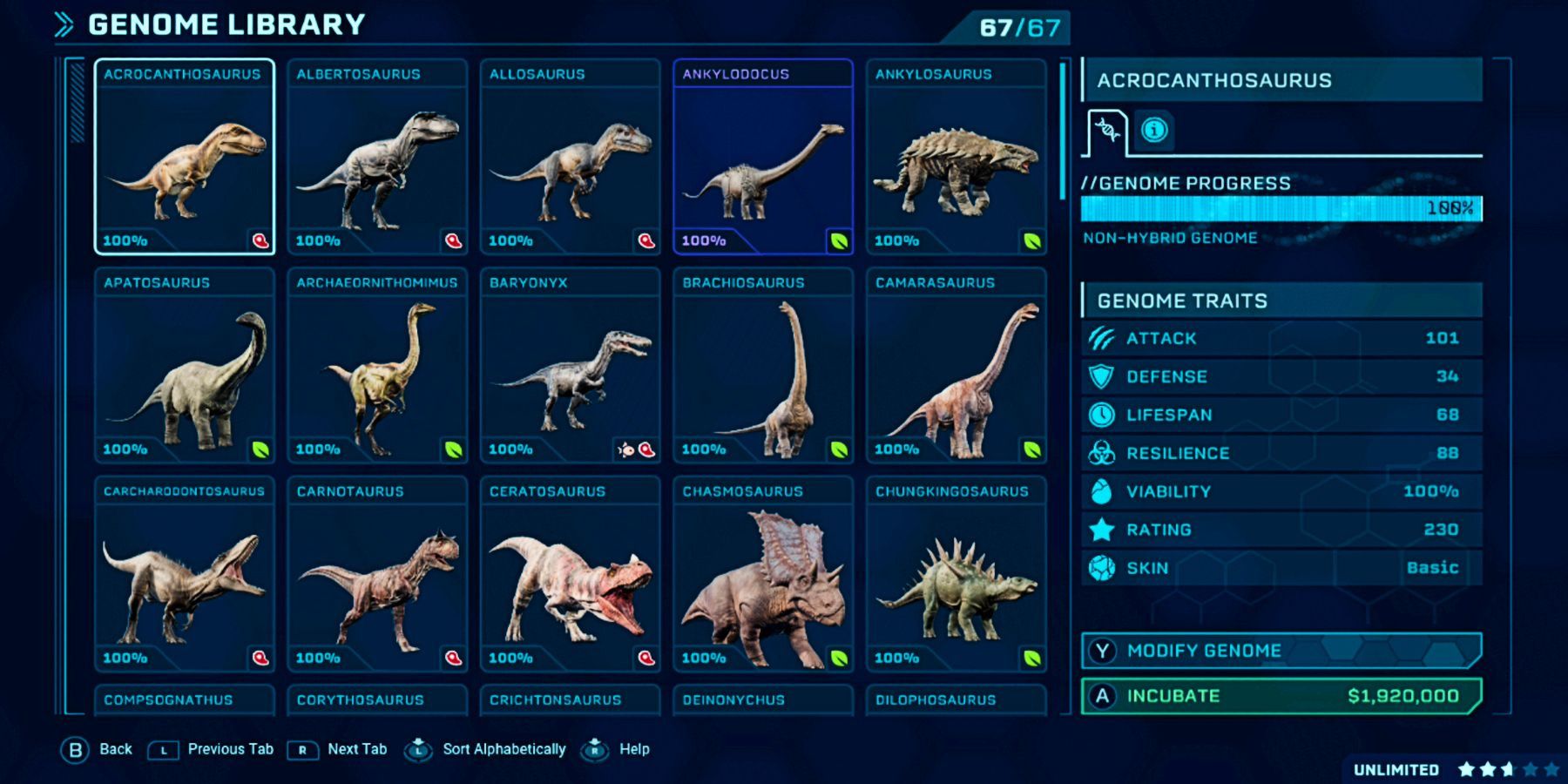 Dinosaur List from Jurassic World Evolution 2.